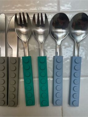 Upward baby Colorful LEGO-Style Handle Flatware Set - Teal & Light Blue